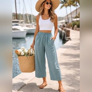 Teal Blue Cropped Pants XS Linen Blend Elastic Waist Wide Leg Pockets Clean Girl